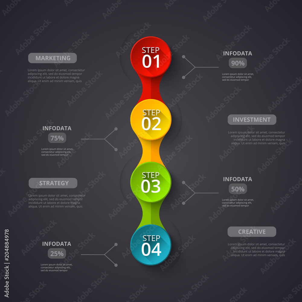 Poster Creative concept for dark infographic. Business data visualization. Abstract circle elements of graph, diagram with 4 steps, options, parts or processes. Vector business template for presentation.