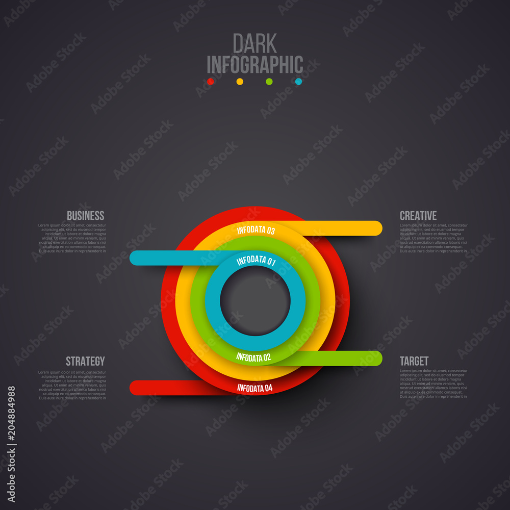 Poster Creative concept for dark infographic. Business data visualization. Abstract circle elements of graph, diagram with 4 steps, options, parts or processes. Vector business template for presentation.