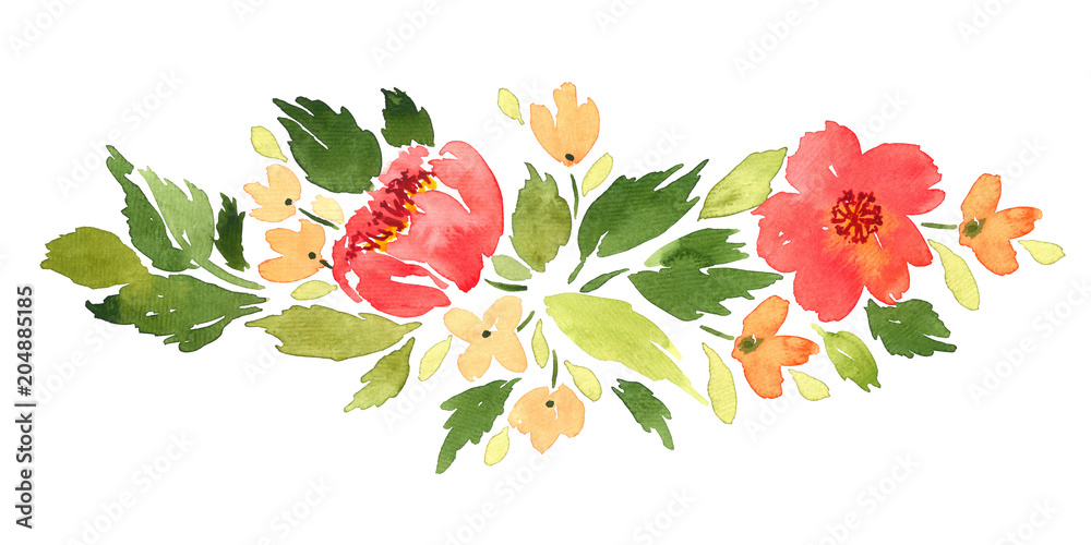 Wall mural loose watercolor floral arrangement. hand painted composition with red camellia flowers