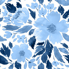 Watercolor loose flowers. Floral frame arrangement template in indigo blue