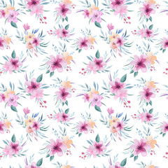 Watercolor floral pattern. Seamless pattern with purple, gold and pink bouquet on white background. Flowers, roses, peonies and leaves