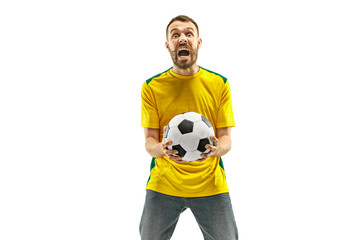 Brazilian fan celebrating on white background