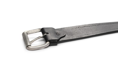 Black leather belt, strap with metal belt buckle isolated on white background