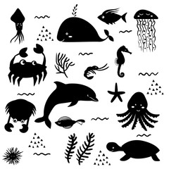 Sea life. Underwater world. Fish, jellyfish, sea bottom, backwaters ship, algae, treasure. Vector flat illustrations and icon set