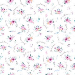 Fototapeta premium Watercolor floral pattern. Seamless pattern with purple, gold and pink bouquet on white background. Flowers, roses, peonies and leaves