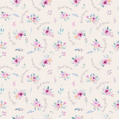 Fototapeta premium Watercolor floral pattern. Seamless pattern with purple, gold and pink bouquet on white background. Flowers, roses, peonies and leaves