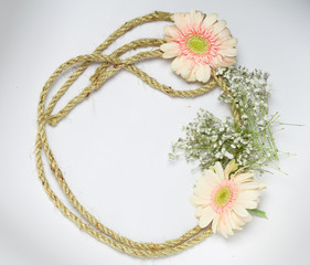 Pink flowers and green leaves. On white background.