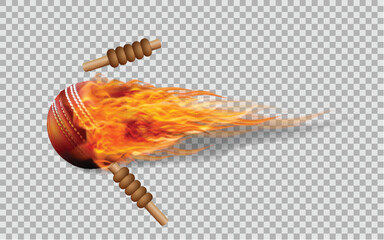 Realistic vector cricket ball in fire on transparent background.