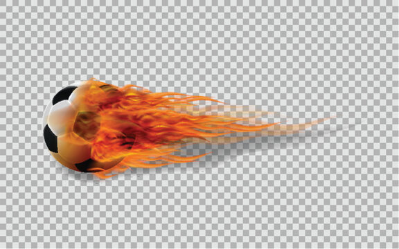 Realistic vector soccer ball in fire on transparent background.