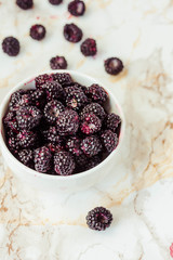 Raw raspberries and wild black, blackberries in white cups. Light marble background. Summer fruit, berries. Detox diets and healthy food concept.