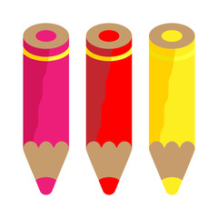 Set of three color pencils, warm colors, pink, red, yellow. Vector isolated object.