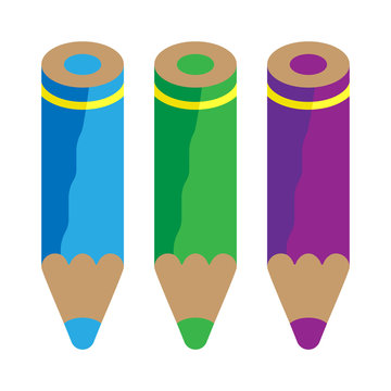 Set of three color pencils, cold colors, gree, blue, violet. Vector isolated object.