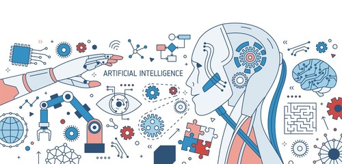 Obraz premium Horizontal colorful banner with robot or android, robotic arm, innovative electronic devices and gear wheels on white background. Artificial intelligence or AI. Vector illustration in line art style.