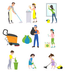 Set of cleaning company staff with a vacuum cleaner, shfabroy, with a trash can clean the premises of different companies