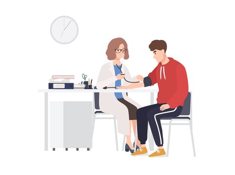 Female doctor or medical adviser sits at desk and measures blood pressure of male patient. Man at physician s office, cardiology clinic or hospital. Colorful cartoon vector illustration in flat style.