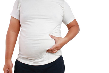 Asian men are overweight, wearing white shirts, blue trousers, white backgrounds.