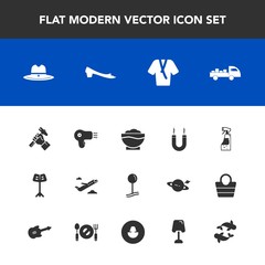 Modern, simple vector icon set with drop, airplane, cowboy, bottle, fashion, hat, spray, delivery, energy, sheriff, restaurant, sign, builder, truck, chef, home, hairdryer, musical, west, dryer icons