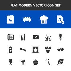 Modern, simple vector icon set with glass, spoon, transportation, karaoke, voice, outdoor, road, plant, camp, speed, chat, gift, knife, cake, home, travel, phone, privacy, music, chief, book icons