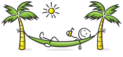 Strichfigur liegt in der Hängematte mit Sonne und Palmen