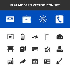 Modern, simple vector icon set with book, television, retro, nautical, phone, office, web, music, wheel, business, table, internet, security, travel, website, telephone, mail, sea, food, audio icons