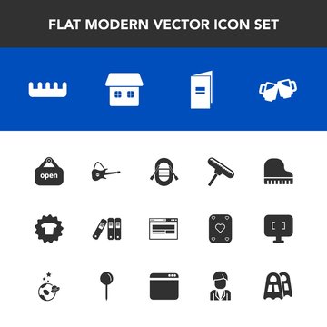 Modern, simple vector icon set with guitar, clothing, travel, beauty, fashion, sign, drink, shop, roller, brochure, open, home, pub, book, comb, sea, office, house, brush, paint, paper, music icons