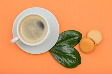 Cup of coffee and delicious macarons cakes with green leaves on peach background