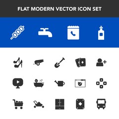 Modern, simple vector icon set with drink, girl, account, shower, kid, weapon, barbecue, child, liquid, phone, video, sign, water, bath, transportation, bus, high, game, add, crane, gardening icons