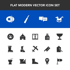 Fototapeta premium Modern, simple vector icon set with style, horse, dental, circus, interior, duck, white, glass, bubble, care, airplane, food, location, travel, mouth, finance, speech, waiter, leather, money, tv icons