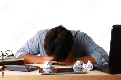 Asian Men Bend Over Office Desks Very Stressed White Backdrop