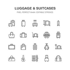 Luggage blue flat line icons. Carry-on, hardside suitcases, wheeled bags, pet carrier, travel backpack. Baggage dimensions and weight thin linear signs. Pixel perfect 64x64.