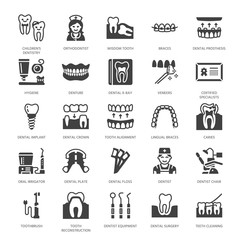 Dentist, orthodontics flat glyph icons. Dental equipment, braces, tooth prosthesis, veneers, floss, caries treatment medical elements. Dentistry clinic Solid silhouette pixel perfect 64x64.