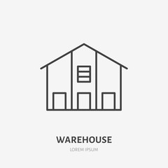 Warehouse flat line icon. Storage building sign. Thin linear logo for cargo trucking, freight services.
