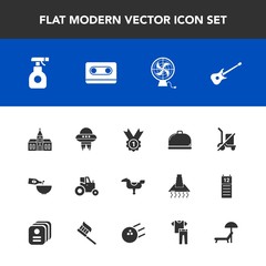 Modern, simple vector icon set with religion, architecture, religious, spaceship, air, glass, child, kid, agriculture, farm, award, guitar, shipping, send, pesticide, play, music, equipment, fan icons