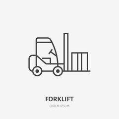 Forklift flat line icon. Fork lift loading box sign. Thin linear logo for cargo trucking, freight services.