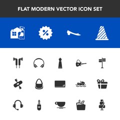 Modern, simple vector icon set with traffic, housework, spray, drink, kayaking, water, guitar, audio, food, dessert, game, street, cake, chess, technology, blackboard, music, education, cleaner icons