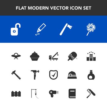 Modern, simple vector icon set with accident, protection, dessert, screwdriver, security, office, construction, hairdryer, hotel, hammer, tool, dryer, book, alien, library, equipment, food, tow icons
