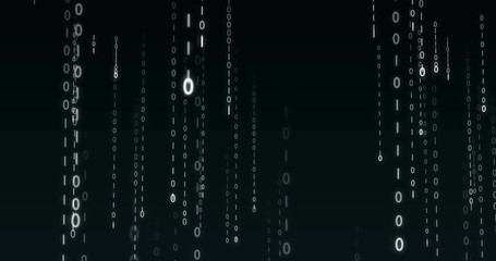Strings of 0 and 1 fall from top to bottom in data matrix created in cyberspace. Flow of digital data in a datacenter. Concept for communications via digital network, binary code, security and privacy - Powered by Adobe