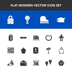 Modern, simple vector icon set with vehicle, pie, train, transportation, child, espresso, internet, sky, van, gadget, identity, parachute, cafe, food, technology, travel, jar, sweet, baby, smart icons