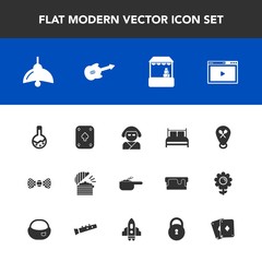 Modern, simple vector icon set with food, internet, musical, tie, kimono, play, beautiful, supermarket, elegance, bow, medicine, asian, geisha, lock, meal, media, guitar, bulb, web, electricity icons