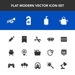 Modern, simple vector icon set with tool, pinafore, food, kitchen, dentist, privacy, drill, grill, air, trumpet, clinic, meat, chef, barbecue, search, hamburger, music, liquid, water, snorkel icons