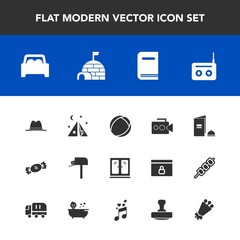 Modern, simple vector icon set with post, floral, ball, snow, film, music, handle, candy, lollipop, outdoor, sweet, food, blossom, bouquet, ice, car, tent, home, media, education, equipment, box icons