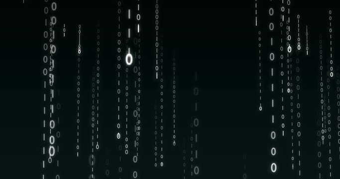 Strings of 0 and 1 fall from top to bottom in data matrix created in cyberspace. Flow of digital data in a datacenter. Concept for communications via digital network, binary code, security and privacy