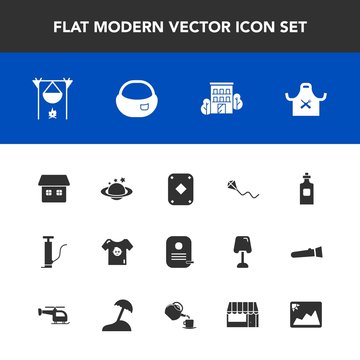 Modern, simple vector icon set with clothing, sky, school, bonfire, glass, fun, fireplace, restaurant, estate, game, chief, joy, photo, kid, picture, business, space, hot, kite, building, flame icons