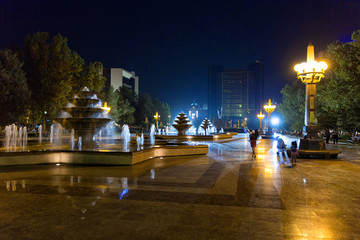 Fototapeta na wymiar Night view of the Winter Boulevard. Fountains with night lights on the square.