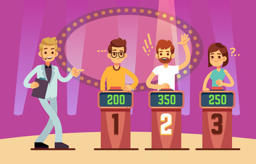 Clever young people playing quiz game show. Cartoon vector illustration © MicroOne