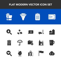 Modern, simple vector icon set with bear, document, ball, clothes, file, housework, map, woman, smile, domestic, can, recycling, pin, data, chat, bank, safe, money, garbage, folder, package, bow icons