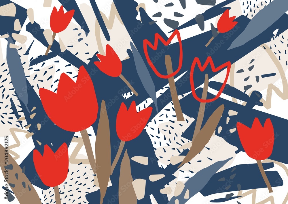 Aufkleber abstract background with stylized red blooming tulip flowers. unusual colorful horizontal backdrop w