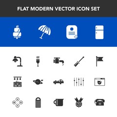 Modern, simple vector icon set with saturn, planet, glass, tap, work, fridge, repair, interior, home, drink, water, red, bathroom, weather, lamp, protection, sink, construction, delivery, food icons