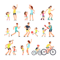 Happy sport family. Mom, dad with kids doing sports exercises outdoor. Parents and children in fitness activity vector people isolated