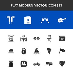 Modern, simple vector icon set with home, seat, gem, wind, dinner, speech, style, favour, audio, table, alcohol, headwear, jewel, paper, file, hat, stove, sign, glass, music, oven, wine, diamond icons